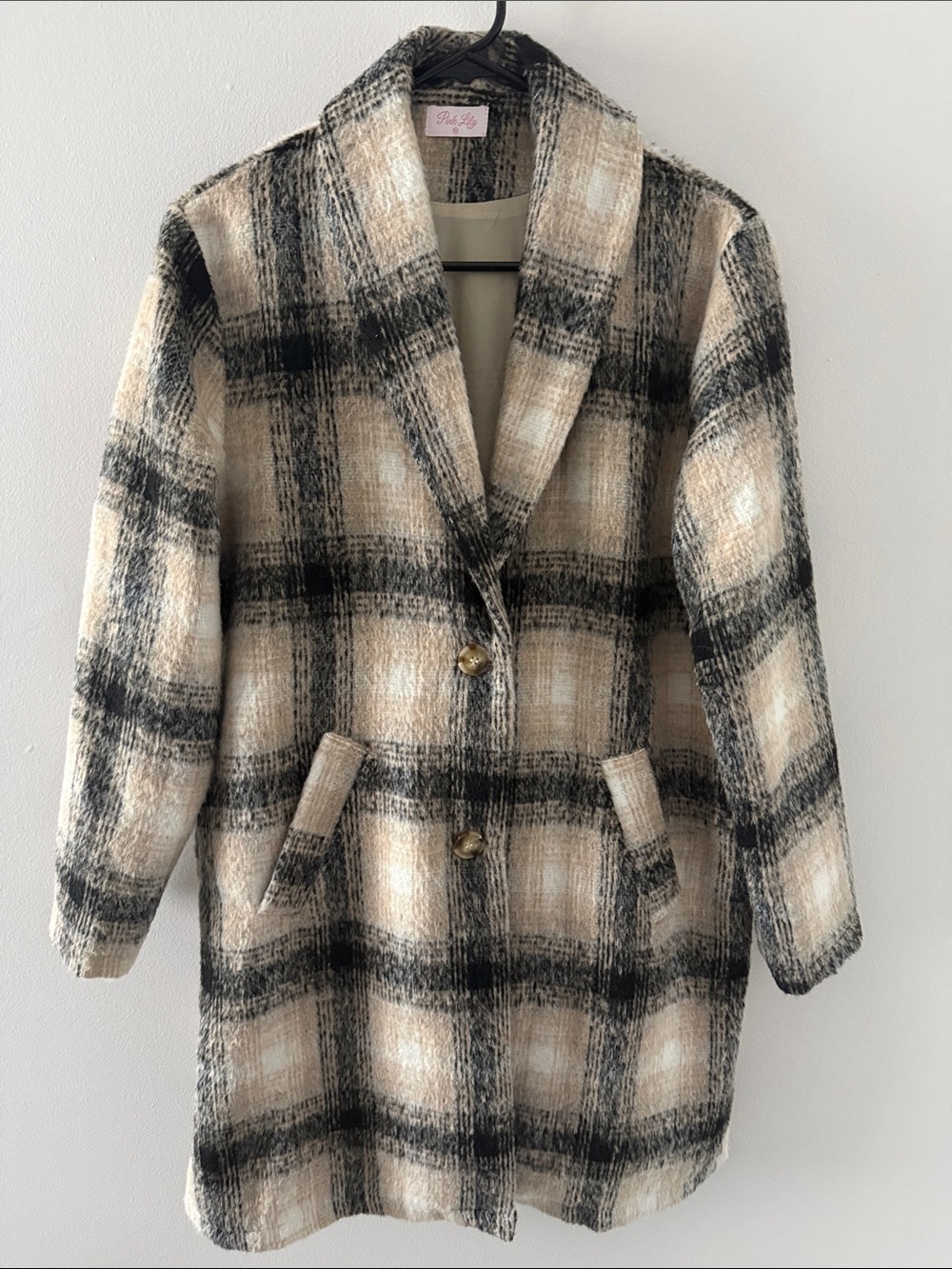 Checked Plaid Pea Coat in Cream, Black & Tan by Pink Lily. Like New. Size M